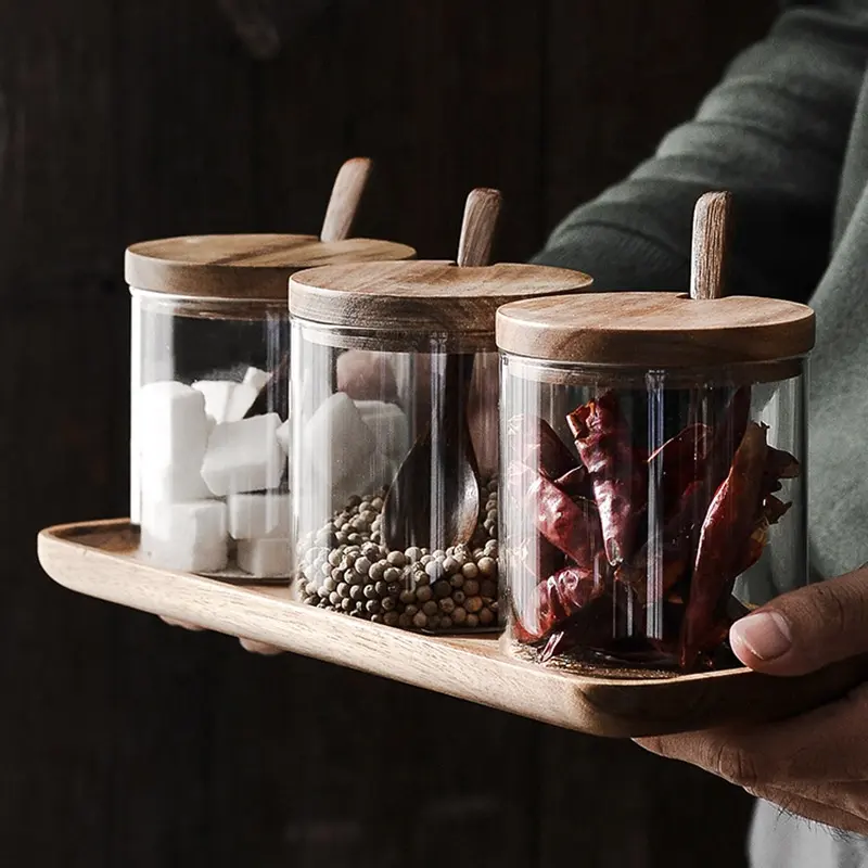 Fabrik Direkt verkauf Glas Gewürz glas dreiteilige kreative Küche liefert Salz streuer Zucker Shaker Holz Gewürz box s