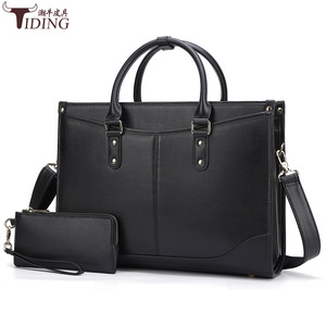 Tiding Women's Tote Bag 15.6 Inch Black Leather <b>Briefcase</b> Elegant Style With Zipper Closure And Shoulder Strap - Product Image 1