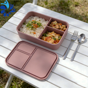 กล่องอาหารกลางวันซิลิโคนสีทึบทรงสี่เหลี่ยมสามช่องปิดสนิทใช้กับไมโครเวฟได้สำหรับพนักงานออฟฟิศ - Product Image 1