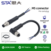 Konektor Sensor Tahan Air M5 IP67 Sudut Kanan Lurus 3 Pin 4 Pin Jantan Betina dengan Kabel PVC PUR