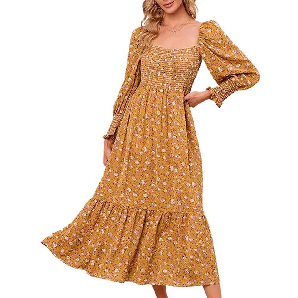 Yellow Square Neck Female Elegant Long Sleeve Women Chiffon Floral Maxi Dress