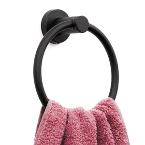 Colgador de toallas de baño montado en la pared, toallero de mano de acero inoxidable negro mate, anillo de toalla de baño resistente