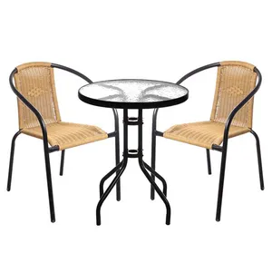 Açık temperli cam yuvarlak masa ve rattan sandalyeler bahçe mobilyaları 3 adet bistro seti