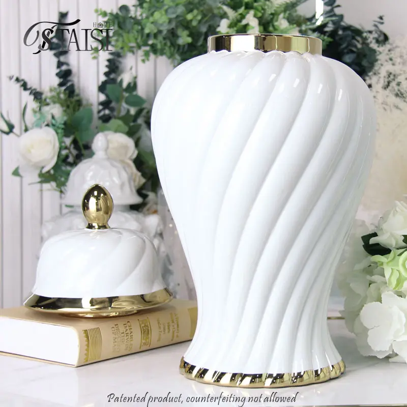 J296 Vase de table moderne en spirale or et blanc motif ondulé pot de gingembre Art Decor Design Vase de table émaillé pour mariage autre décoration intérieure