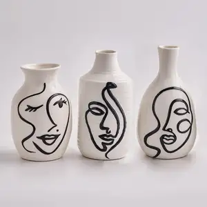 Ensemble de vases en céramique-3 petits s, visage, blanc, argile, herbe de pampa, décor de ferme moderne, accents de maison, salon, étagère