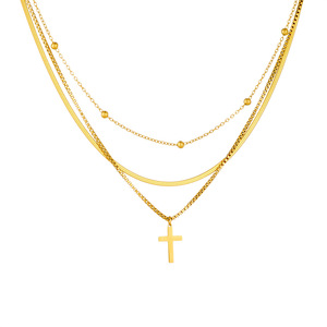 Gold Plated Multi Layer Clavicle <b>Chain</b> <b>Cross</b> Pendant Stainless Steel Necklace Unisex Fashion Jewelry - Product Image 5
