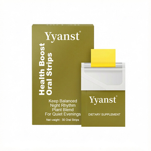 Bandes de film orales dissolvables à base de plantes, 30 bandes, vert olive, boîte en carton verticale, film jaune, bandes orales, personnalisation OEM - Product Image 1