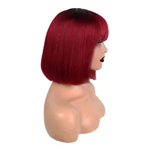 Colored Bob Wig With Bangs Machine Made Brazilian Hair Glueless Wig With Elastic Band Short Bob Human Hair Wigs For Black Women