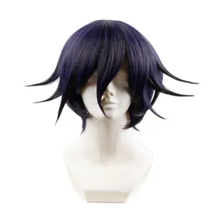 Ouma Kokichi 가발 남성 퍼플 짧은 작은 웨이브 화학 섬유 가발 코스프레 파티 도쿄 학교