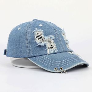 Manufactory Wholesale Most Popular 6 Panel Stylish Youth Fitted Unstructured Denim Jeans Distressed Baseball <b>Hat</b> - Product Image 6