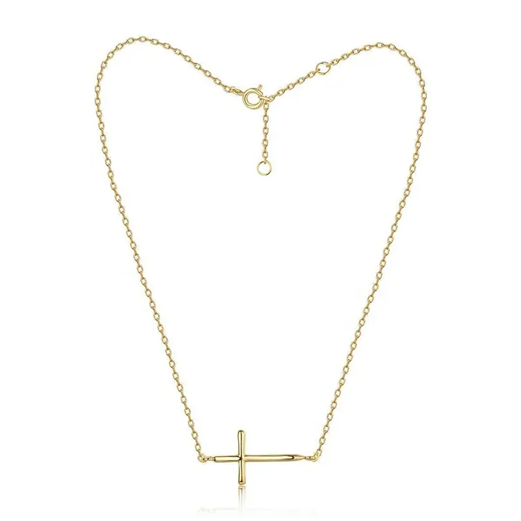 Hot selling dainty 18 karat gold plated sideways silver necklace cross