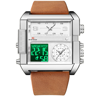 VA VA VOOM Jam Tangan Elektronik Fashion Bisnis Tali Kulit Tahan Air Jam Tangan Pria Tahan Air Tampilan Ganda Jam Digital