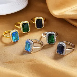Wholesale Retro Gemstone Ring 24K Gold Plated octagon Shape women diamond rings jewelry