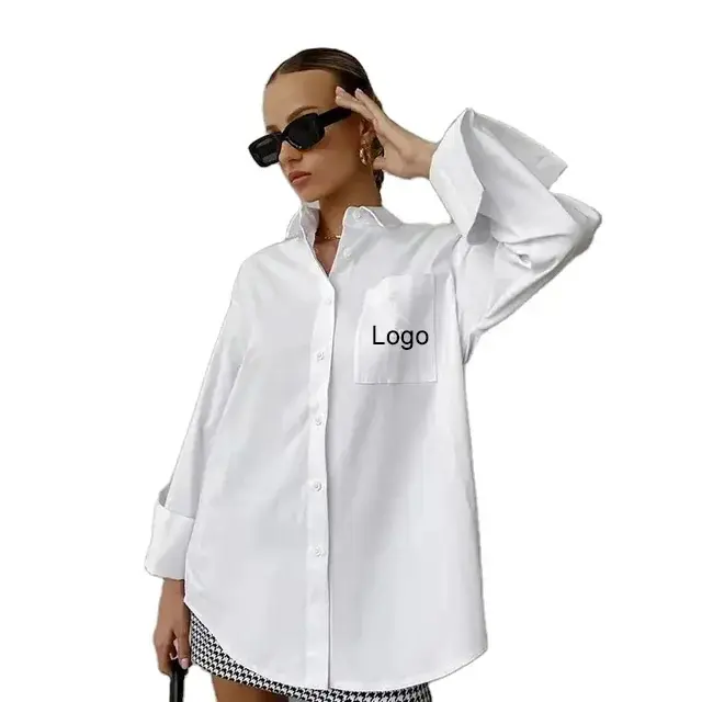 Blusas sueltas de manga larga para mujer, blusas de algodón para oficina para mujer, blusas blancas con botones, Camisa larga informal con cuello vuelto para mujer