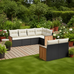 Set Divano da Giardino in Rattan PE Nero, 6 Posti, Design Contemporaneo con Telaio in Legno di Teak e Piedini Regolabili, Arredamento da Esterno - Product Image 2