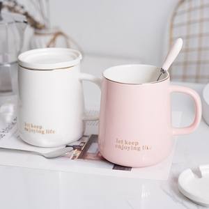 Ensemble de tasses en céramique avec couvercle et cuillère, design simple pour couple, couleur unie, pour le petit-déjeuner, idéal comme cadeau - Product Image 1