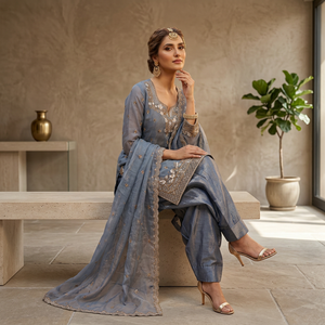 Wholesale Luxury <b>Slate</b> Blue Organza Slim Fit Party Winter Embroidered Pakistani Suit Kurta Pant Set Dupatta Ethnic Wear - Product Image 1