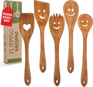 Ensemble de 5 ustensiles de cuisine en bois OEM avec visages souriants amusants, cuillères et spatules multifonctionnelles de qualité alimentaire pour servir et cuisiner, idéal pour un cadeau - Product Image 1