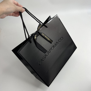 Wholesale High Quality Black Paper Bags with UV Spot Border & Embossed Logo with Ribbon Bow - Premium Shopping Bags - Product Image 2