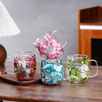 Tasse à eau en verre à double paroi de 250 ml avec poignée, tasse à café en verre avec fleurs séchées, tasses à thé avec fleurs séchées naturelles