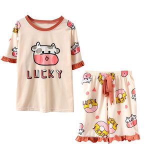 Nuevo y bonito pijama de manga corta de estilo coreano para mujer, cuello, cierre de cintura elástica, tela tejida, ropa informal para el hogar, Min. Pedí 3 uds. - Product Image 1