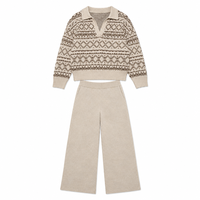 Ensemble pull tricoté jacquard Fair Isle beige personnalisé et pantalon large, motif géométrique, deux pièces côtelées à col polo, vente en gros OEM