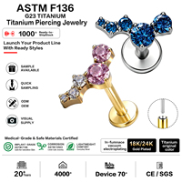 G23 ASTM F136 Titane sans filetage plaqué or 18K 24K, piercing labret à poussoir motif aile de chauve-souris pour cartilage, vente en gros