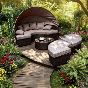 Ensemble de jardin en rotin multifonctionnel portable pour l'extérieur, 5 pièces, 8 places, avec auvent, lit de jour, meubles de cour - Product Image 1