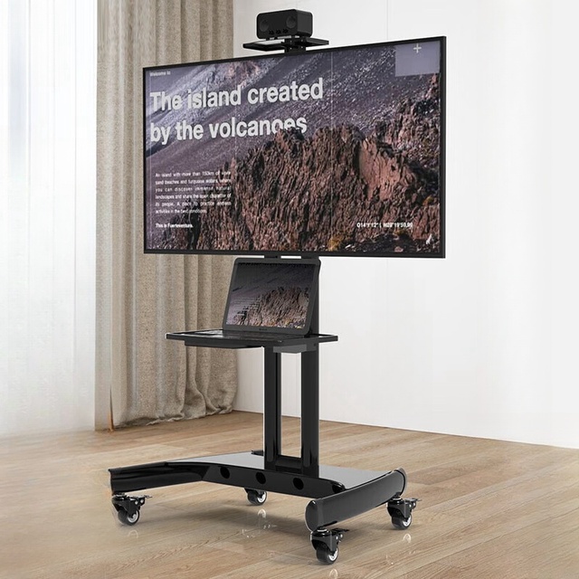 Adjustable Height Mobile TV Trolley Rolling Floor Stand With Wheels for LED Screen 32\"-75\" TV Cart Steel Mount LCD Material