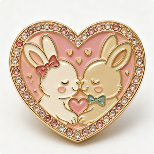 Heart-Shaped Gold-Plated Metal <b>Pin</b> With Enamel Bunny Couple And Rhinestones For Valentine'S Day Love Theme - Product Image 5