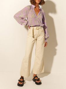 Abbigliamento da <span class=keywords><strong>donna</strong></span> Retro <span class=keywords><strong>Oversize</strong></span> camicia di cotone e lino alta qualità stampata a scollo a V manica lunga elegante camicetta Top - Product Image 5