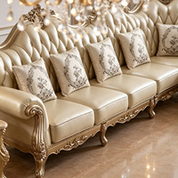 Canapé d'angle en cuir écru avec cadre sculpté doré pour salon, ensemble de meubles en forme de L