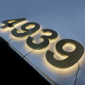 Benutzer definierte LED Edelstahl Hausnummer 3D Gold Moderne Adresse Hintergrund beleuchtete Buchstaben Zeichen