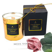 Bougie parfumée en cire de soja de luxe pour mariage, prix d'usine, pot en verre doré, mèche en bois, étiquette privée, autres bougies avec boîte