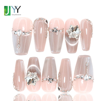 Ongles à presser personnalisés avec logo 3D en gel brillant, style French Manucure, design diamant, luxe, faits maison, forme cercueil, vente en gros