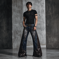 DiZNEW Jeans personnalisés pour hommes, style streetwear, avec ailes d'ange en sequins, patchwork en cuir, coupe évasée, denim clouté, style gothique, jorts, usine BSCI