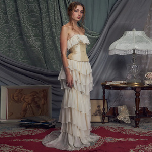 New Phụ Nữ Thanh Lịch Của Pháp Corset Voan Bánh Váy Ăn Mặc Hai Mảnh Thiết Lập Ruffles Rắn Mô Hình Tự Nhiên Vòng Eo Dệt Phương Pháp - Product Image 5