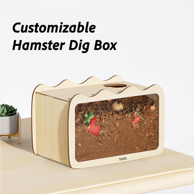 Tafit Customizable Wood and Acrylic Hamster Dig Box Large Capacity Hamster Hideout Removable Lid for Easy Clean Hamster Supplies