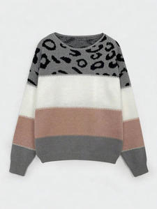 Maglione Coreano da <span class=keywords><strong>Donna</strong></span> a Girocollo Ampio, a Maniche Lunghe, in <span class=keywords><strong>Maglia</strong></span> Jacquard <span class=keywords><strong>Leopardata</strong></span> con Logo Frontale, Ideale per l'Autunno - Product Image 5