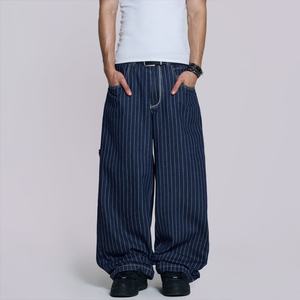 Vaqueros de hombre personalizados estilo vintage High Street, rígidos, con rayas finas, de pierna ancha, oversize, de mezclilla, con rayas azules y blancas, estilo baggy. - Product Image 1