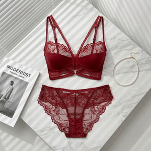 Conjunto de Lencería de Encaje Floral al por Mayor para Mujer, Sujetador con Aros y Bragas, Conjunto de 2 Piezas, Estilo Francés, Lencería Sexy de Tallas Grandes - Product Image 5