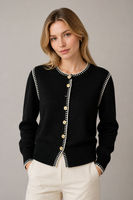 Cardigan en tricot décontracté noir à motifs géométriques pour femme, col rond, manches longues, boutons sur le devant, pour l'automne et l'hiver