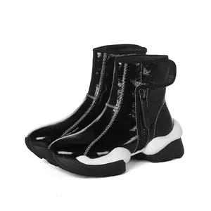 Mode Frauen Luxus Strange Heel Stiefeletten Plattform Round Toe Hook & Loop Reiß verschluss Stiefel Echtes Leder Patchwork Knight Boots