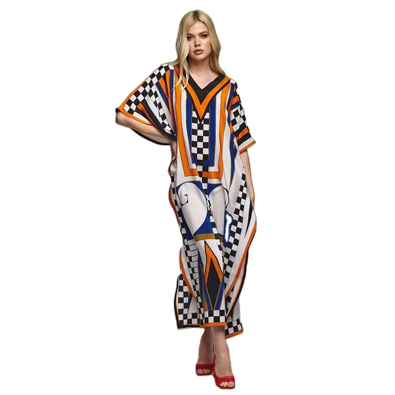 Kaftan de playa de algodón largo elegante para mujer de primavera con estampado geométrico para cubrir ropa de playa en Dubai