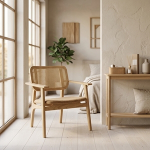 Fauteuil <span class=keywords><strong>d</strong></span>'appoint Japandi Wabi-Sabi en bois de frêne <span class=keywords><strong>et</strong></span> rotin tressé à la main, pieds coniques, style scandinave du milieu du siècle, chaise longue respirante - Product Image 3