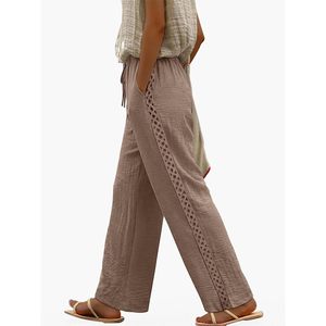 Wide Leg Pants For Women <b>Linen</b> Cotton Elastic Waist High Waisted Palazzo <b>Trousers</b> With Lace Detail Summer Beach Outfits - Product Image 3