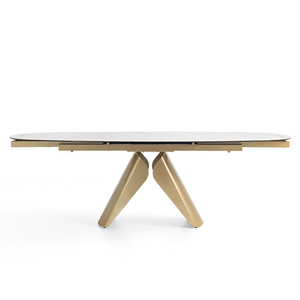 Bàn ăn hình oval có thể kéo dài, mặt bàn đá sintered phong cách Bắc Âu sang trọng nhẹ nhàng, chân bàn sơn vàng. - Product Image 6