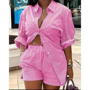 New Most Popular Fashion Printed Temperament Women's Long Sleeve Button Turn-down Collar Knitted <b>Blouse</b> Shorts Casual Set - Product Image 5