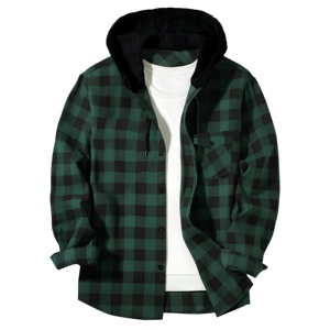 Chemise à carreaux brodée à capuche pour homme en flanelle polyester/coton, motif écossais vert et noir, coupe décontractée à manches longues, idéale pour l'automne - Product Image 2