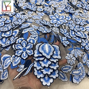 Tela nupcial para vestido de novia, elegante, multicolor, con flores 3D, encaje azul marino, tul bordado, tela de malla. - Product Image 5
